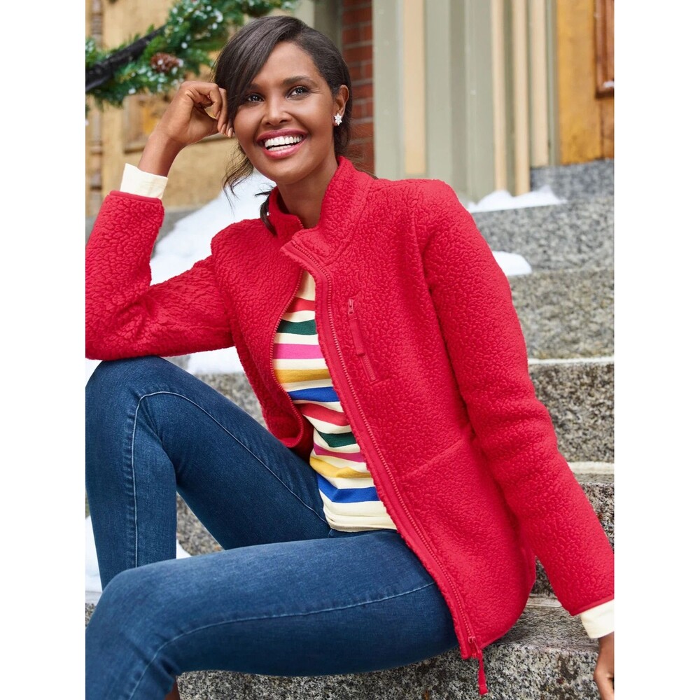 Talbots Polartec Sherpa Fleece Jacket Red Full Zip Mock Neck Pocket Cozy Size L